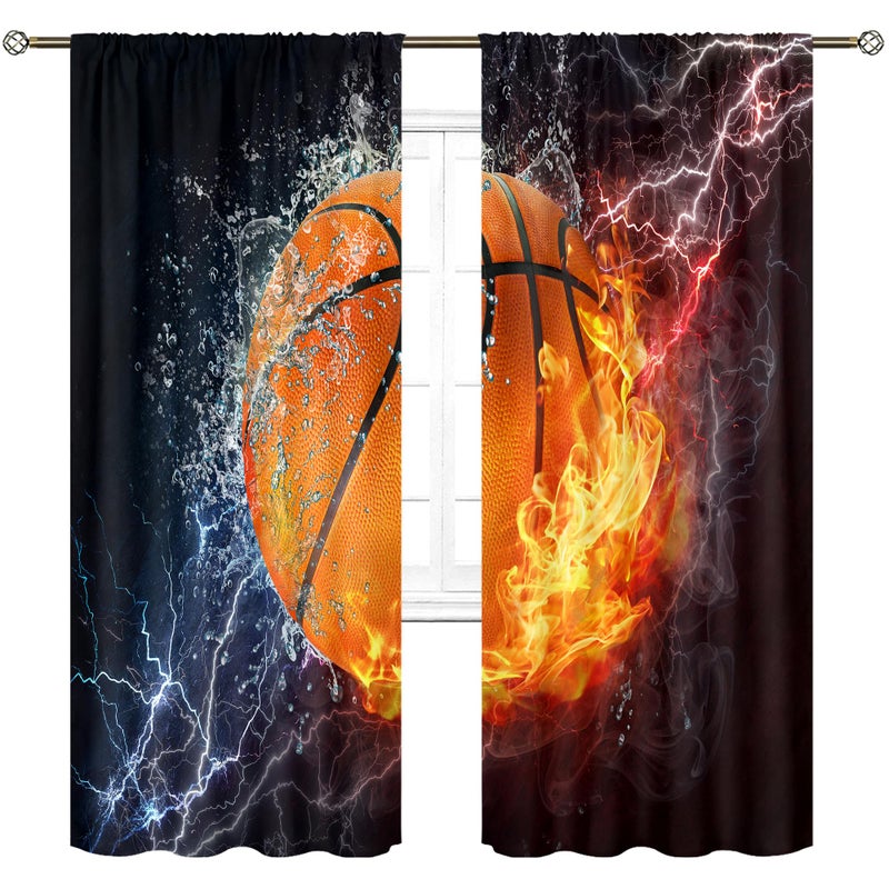 Cinbloo Boys Sports Curtains for Living Room Rod Pocket 52W x 84L Inch Basketball Wall Decor for Men Teens Kids Abstract Thunder Lightning 3D Ball Cool Basketball Bedroom Window Drapes Fabric 2 Panel - Image 4
